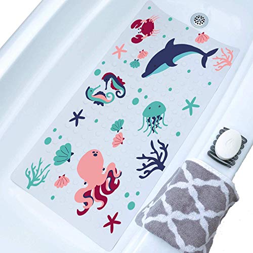 Bathtub Mat for Kids, Toddler, Baby and All The Family, Bath Mat for Tub, Sea Cartoon Design Octopus, Dolphin, Seahorse and Crab, 32x20, XL Size, Machine Washable, Anti-Slip