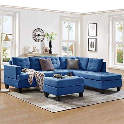 Harper & Bright Designs Sectional Sofa with Chaise Lounge and Ottoman 3-Seat Sofas Couch for Living Room (Sea Blue)