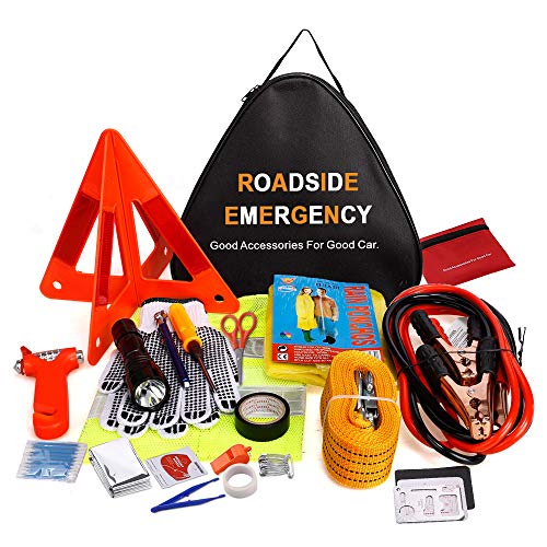 Adakiit Car Emergency Kit, Multifunctional Roadside Assistance Auto Safty Kit ,First Aid Kit, Jumper Cables, Tow Rope, Triangle, Flashlight, Safety Hammer and More Ideal Survival Pack Accessories