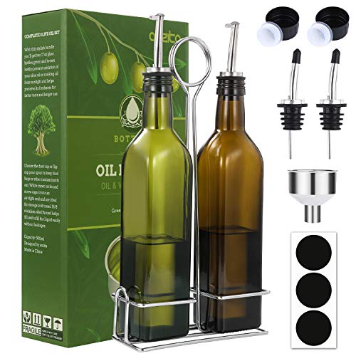 Aozita 17oz Olive Oil Dispenser Bottle Set with Stainless Steel Holder Rack - 500ml Glass Oil & Vinegar Cruet with No-drip Pourers, Funnel, and Labels - Dark Green & Brown