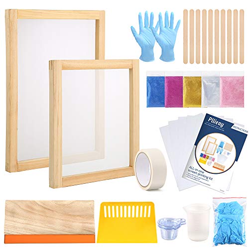 Pllieay 42 Pieces Screen Painting Starer Kit with Instructions, Include 2 Pieces Wood Silk Screen Printing Frames, 5 Colors Fine Glitter, Screen Printing Squeegee, and Waterproof Transparency Films