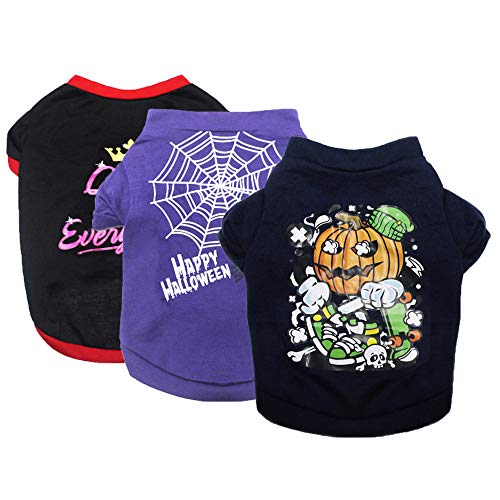 DERUILA 3 Pack Halloween Dog Shirts Printed Puppy Shirt Pet T-Shirt Cute Dog Clothing for Small Dogs Boy and Cats Halloween Cosplay Pet Apparel (XS)