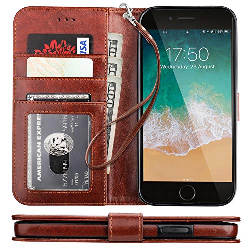 Bocasal iPhone 8 Plus iPhone 7 Plus Wallet Case with Card Holder PU Leather Wireless Charging Compatible Kickstand Shockproof Protective Wrist Strap Flip Cover for iPhone 7/8 Plus 5.5 inch (Brown)