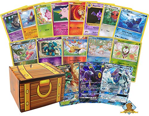 100 Assorted Pokemon Cards - 2 GX Ultra Rare Cards (200 HP or Higher), 4 Holographic Cards, 94 Commons/Uncommons Includes Golden Goundhog Treasure Chest Storage Box!