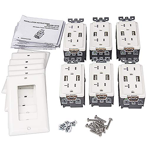 USB Outlet, 4.0A USB Outlet, USB Wall Outlet, USB Charger Outlet, Dual USB Charger with 20A Tamper Resistant Duplex Receptacle (6, White)