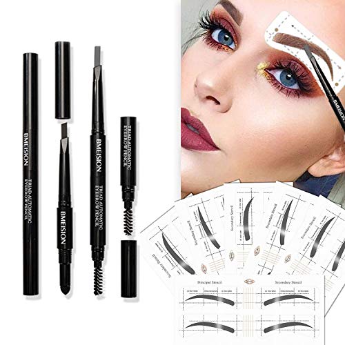 Eyebrow Stencils SET with 36 Pairs Eyebrows Shape Stickers Reusable for Women. Also 3-in-1 Black Eyebrow Pencil that includes Powder & Brush. Easy Eyebrow Grooming & Styling