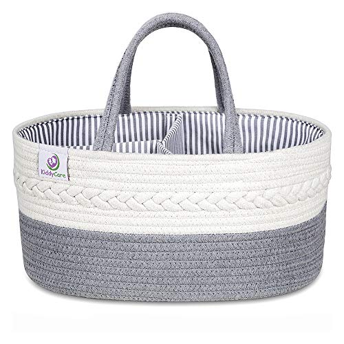 KiddyCare Baby Diaper Caddy Organizer - Stylish Rope Nursery Storage Bin 100% Cotton Canvas Portable Diaper Storage Basket For Changing Table & Car - Top Baby Shower Gift