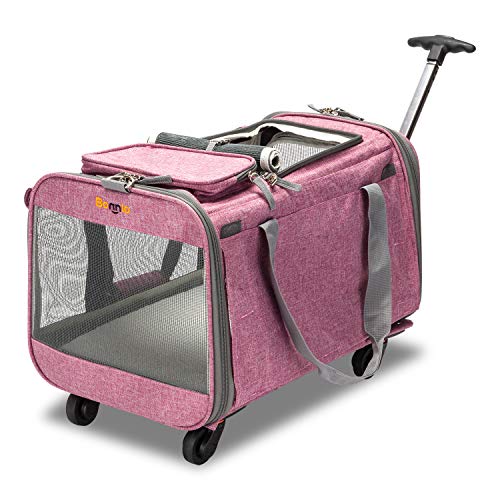 Bonnlo Cat Puppy Pet Wheels Rolling Carrier Stroller - 20'x12'x12' Soft Sided Pet Travel Carrier with BPA Free Travel Bowl, Removable Wheels & Durable Mesh Panels & Detachable Fleece Bed