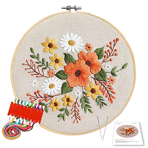 Embroidery Patterns for Beginners - DIY Cross Stiching Starter Kit with Embroidery Fabric Embroidery Hoop, Color Threads, Tools Crewel Kits (Spring Flowers)