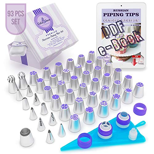 Cake&Deco Russian Piping Tips Set – 93pcs Cake Decorating Baking Supplies Kit with Gift Box for Storage - 36 Premium Russian Tulip Icing Piping Ruffle Nozzles – Cupcake Flower Shaped Frosting Nozzle