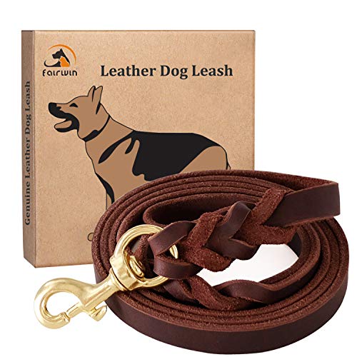 Fairwin Braided Leather Dog Training Leash 6 Foot - 5.6 Foot Military Grade Heavy Duty Dog Leash for Large Medium Small Dogs (M:5/8' x5.6ft, Brown) 004