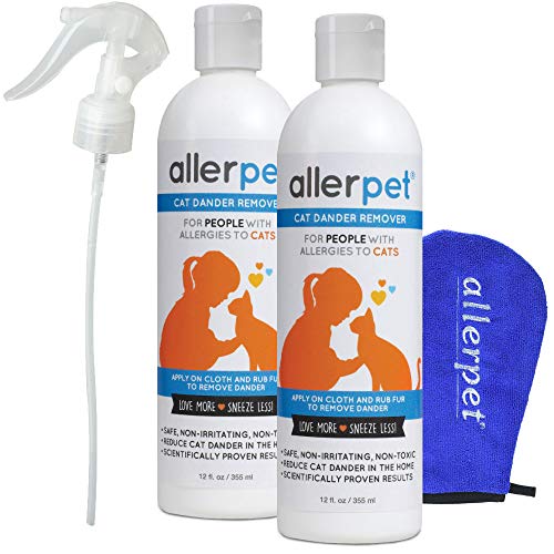 Allerpet Cat Dander Remover w/Free Applicator Mitt & Sprayer - Effective Cat Allergy Relief - Anti Allergen Solution Made in USA - 2 Pack (12oz)
