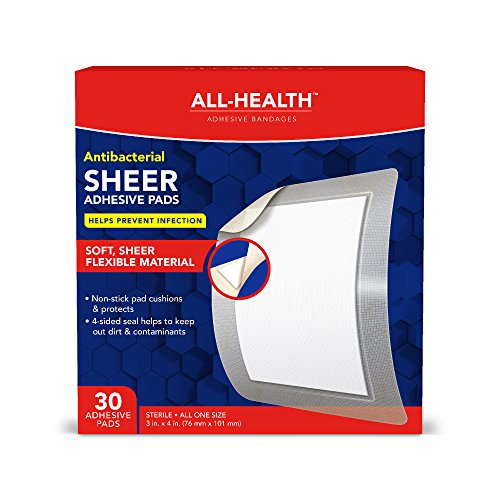 All Health Antibacterial Sheer Adhesive Pad Bandages, 3 in x 4 in, 30 ct | Helps Prevent Infection, Extra Large Comfortable Protection for First Aid and Wound Care