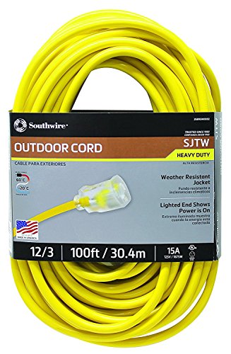 Southwire 25890002 2589SW0002 Outdoor Cord-12/3 American Made SJTW Heavy Duty 3 Prong Extension Cord, Water Resistant Vinyl Jacket, for Commercial Use and Major Appliances, Foot, Yellow, 100 Feet