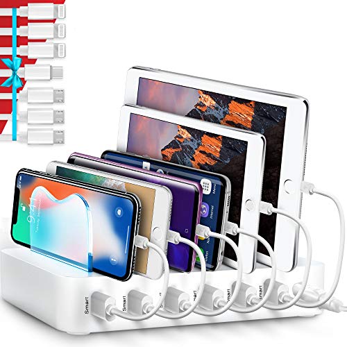 Poweroni USB Charging Station Dock - 6-Port - Fast Charge Docking Station for Multiple Devices - Multi Device Charger Organizer - Compatible with iPad iPhone and Android Cell Phone and Tablet - White