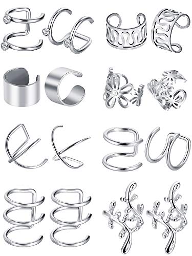 8 Pairs Stainless Steel Ear Cuff Non Piercing Clip on Cartilage Earrings for Men Women, 8 Various Styles (Steel C + Flower Shape Style)