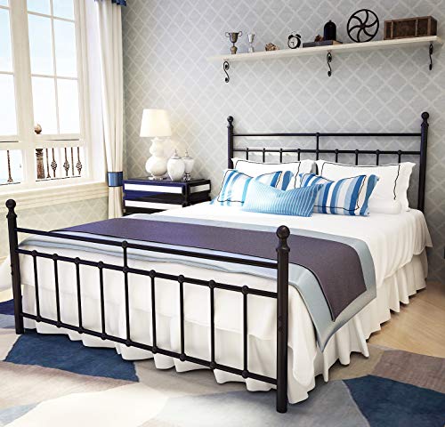 Metal Bed Frame Queen Size with Vintage Headboard and Footboard Platform Base Wrought Iron Bed Frame Black