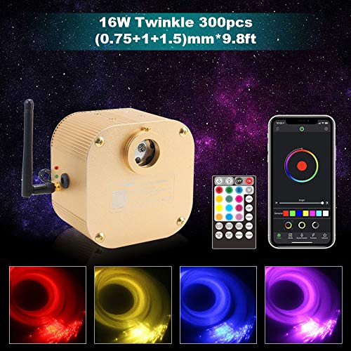CHINLY Bluetooth Twinkle 16W RGBW APP/Remote LED Fiber Optic Star Ceiling Lights Kit Mixed 300pcs (0.03in+0.04in+0.06in) 9.8ft +5 Crystals