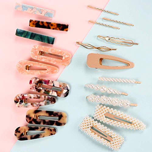 Fashion Hair Clips Set, 20 PCS Pearls Hair Clips Acrylic Resin Hair Barrettes, Hollow Geometric Hair Clip Hairpins for Women Girls and Ladies Headwear Styling Tools