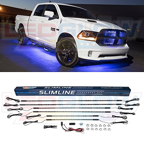 LEDGlow 6pc Blue Truck Slimline LED Underbody Underglow Accent Neon Lighting Kit - Solid Color Illumination - Water Resistant, Low Profile Tubes - Included Power Switch Turns Lights On & Off