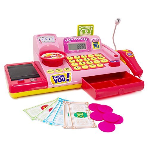 Boley Kids Toy Cash Register - Pretend Play Educational Toy for Kids, Children, Toddlers - Cash Register with Electronic Sounds, Play Money, Grocery Toys, Working Calculator, and More - Pink
