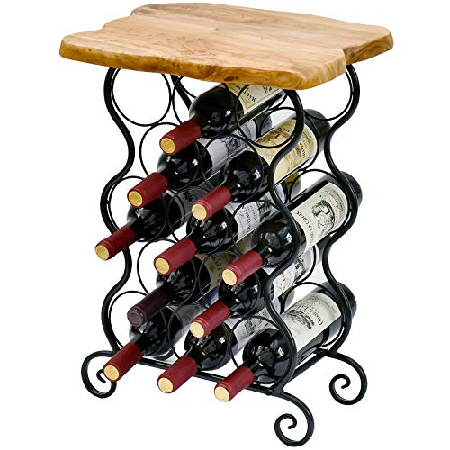 WELLAND 13 Bottle Wine Rack with Natural Edge Table Top, Metal & Wood Free Standing Floor Wine Storage Rack, Easy to Assemble