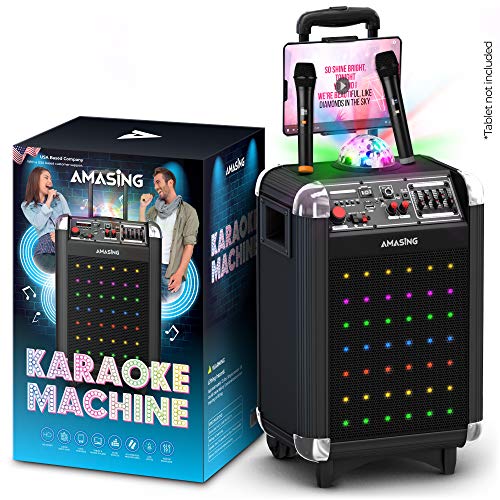 Karaoke Machine for Adults and Kids, Bluetooth Portable Singing PA Speaker System + 2 Wireless Dual Microphones + LED & Disco Lights + TV and Aux cable. Best Christmas & Birthday Gift for Boys & Girls