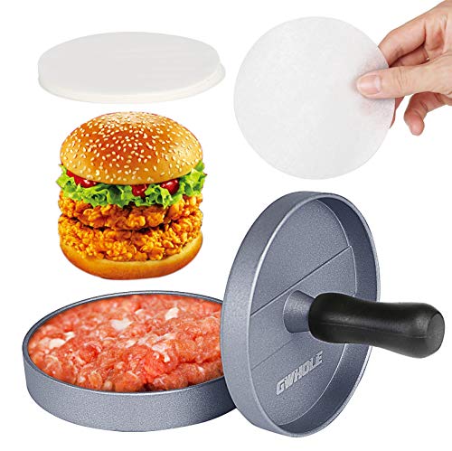 GWHOLE Non-Stick Burger Press Aluminum Hamburger Patty Maker with 100 Wax Papers for BBQ Grill