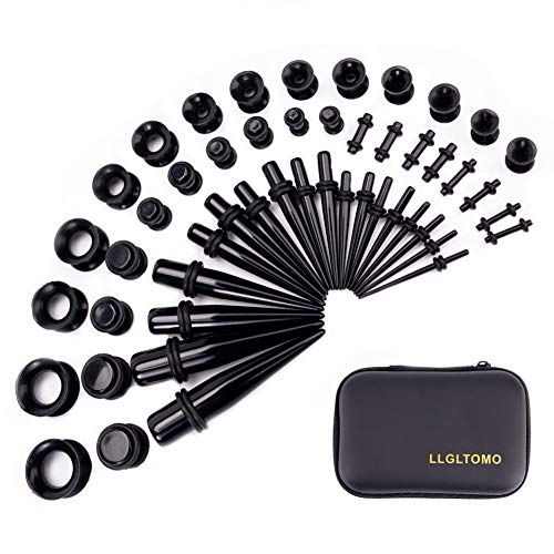 LLGLTEC Ear Stretching Kit 50 Pieces 14G-00G Ear Gauges Expander Set Acrylic Tapers and Plugs & Silicone Tunnels Body Piercing Jewelry Set with EVA Box (Black)