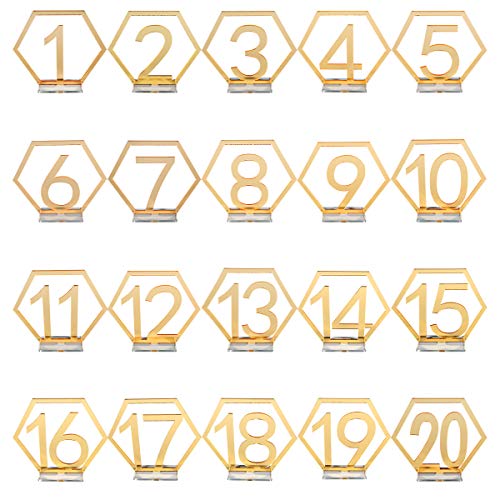 Wedding Table Numbers, 1-20 Acrylic Table Numbers with Holder Base Gold Hexagon Hollow Out Table Number Reception Stands Décor Mirror Surface for Wedding, Catering, Party, Events by Maggie Yuan