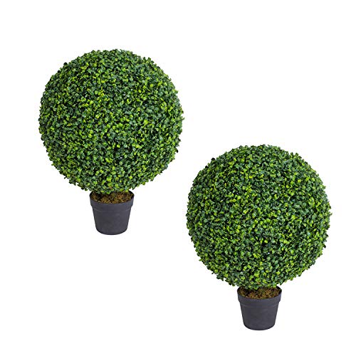 THE BLOOM TIMES 24 Inch Faux Boxwood Topiary Balls Artificial Outdoor Set of 2 Shrubs Bushes Fake Trees Potted UV Resistant Plants for Home Office Planter Urn Filler Indoor Outside Decor 2FT