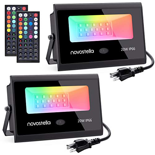 Novostella 2 Pack 20W RGB LED Flood Light, 44 Keys Controller, 20 Colors 6 Modes, Dimmable Color Changing Floodlight, IP66 Waterproof, Wall Washer Lights, Outdoor Garden Stage Landscape Lighting
