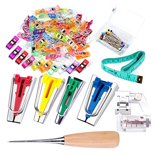 Bias Tape Tool Kit with Instruction, 4 Sizes Bias Tape Maker with 60 Pcs Sewing Clips, 50 Pcs Ball Point Pins, Awl, Sewing Machine Presser Foot for Fabric Sewing and Quilting