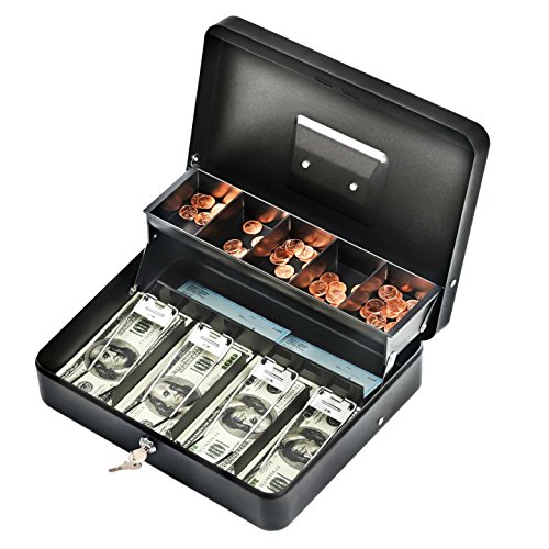 INFUN Cash Box with Money Tray, Durable Large Steel Money Boxes, 5 Compartment Tray, 4 Spring-Loaded, Come with 2 Key, Black