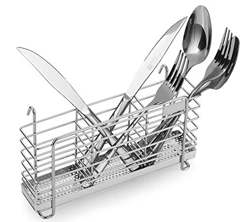 Sturdy 304 Stainless Steel Utensil Drying Rack Basket Holder with Hooks 3 Divided Compartments, Rust Proof, No Drilling