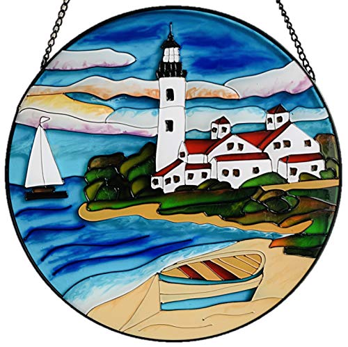 Lio's Art Stained Glass Window Hangings | Large Round 10” | Lighthouse, Sea and Boat Suncatcher Panel | Hand Painted Stained Sun Catcher Hanging Art | Handmade Decoration for Wall or Window