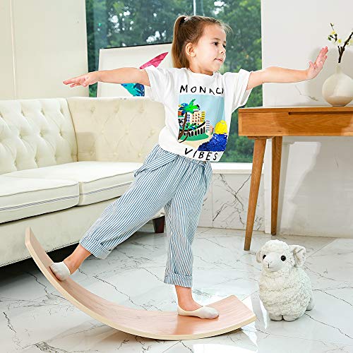 HAJACK Wooden Balance Board, Wobbel Curvy Board for Kids&Adults, Natural Wood Rocker Board, Great Kids Learning Toy for Body Training , Exercise and Physical Therapy for Home &Classroom（35 Inch Size）