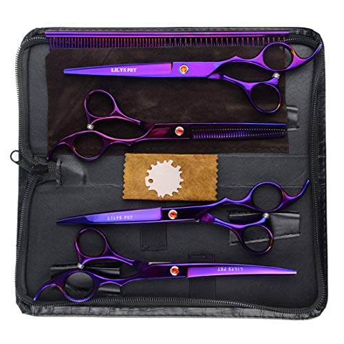 LILYS PET Professional PET DOG Grooming Coated Titanium scissors suit Cutting&Curved&Thinning shears (7.0 inches, Purple)