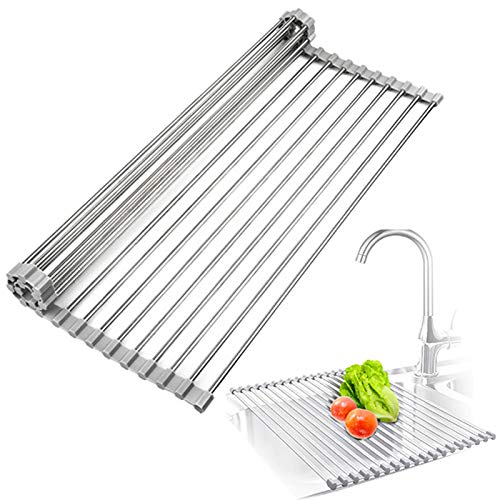 Roll Up Dish Drying Rack Over Sink, 20.5 x 15.7 Inch Small Multipurpose Kitchen Tools Stainless Steel Foldable Adjustable Dish Drainer for Fruits Vegetable Baby Bottle,Drying,Draining,Trivet