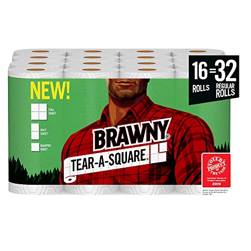 Brawny Tear-A-Square Paper Towels, Quarter Size Sheets, 16 Count of 128 Sheets Per Roll