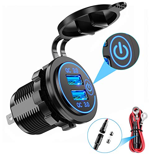 YONHAN Quick Charge 3.0 Dual USB Car Charger with Switch, Waterproof 36W 12V USB Outlet Fast Charger Power Outlet for Marine Boat Motorcycle Truck Golf Cart and More