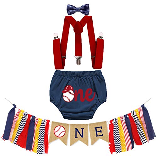 MYRISAM Baby Baseball 1st Birthday Cake Smash Photo Prop Outfits Decorations Kit Highchair Banner Bloomers Suspender Bowtie
