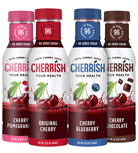 CHERRiSH Tart Cherry Juice 4 Piece 12 oz Bottles Variety Pack - Extreme Hydration Improved Sleep Quality All Natural Sugar Sore Muscle Recovery Anti-inflammatory Sports Drink Healthy Snack