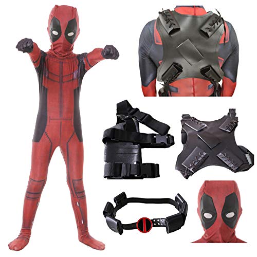 Forcos Kids Superhero Cosplay Costumes Men Boys Lycra Zentai Wade Bodysuit Jumpsuit With Accessories Halloween Costume (Kid-Large (Height 53-57 inch), 5PCS Suit (Clothes+Mask+Holster+Belt+Strap))