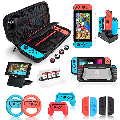 Switch Accessories Bundle for Nintendo Switch, Kit with Carrying Case, Screen Protector, Compact Playstand, Switch Game Case, Joystick Cap, Charging Dock,Steering Wheel for Nintendo Switch, (18 in 1)