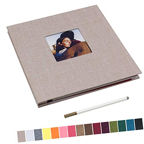 Self Adhesive Photo Album Magnetic Scrapbook Album 40 Magnetic Double Sided Pages Linen Hardcover DIY Photo Album Length 11 x Width 10.6 (Inches) with A Metallic Marker Pen (Beige)