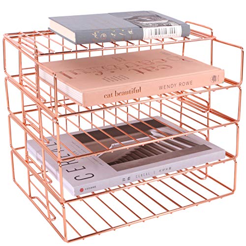 Hosaken Paper Tray, 4 Tier Stackable Letter Tray, Decorative Desk File Organizer Rack for Office Supplies and Accessories, Letter Size, Rose Gold