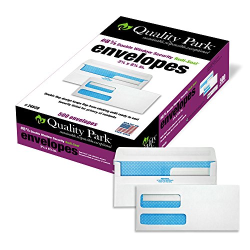 Quality Park #8-5/8 Double Window Security Tinted Check Envelopes with a Self Seal Closure, 24 lb White Wove, 3-5/8 x 8-5/8. 500 per Box (24539)