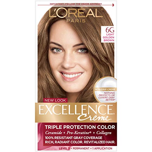 L'Oreal Paris Excellence Creme Permanent Hair Color, 6G Light Golden Brown, 100% Gray Coverage Hair Dye, Pack of 1