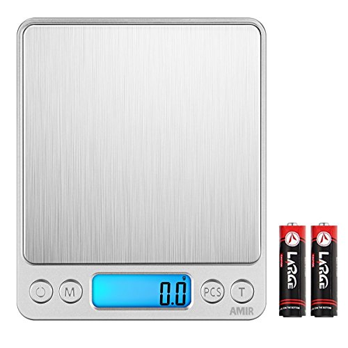 AMIR Digital Kitchen Scale, 3000g 0.01oz/0.1g Pocket Cooking Scale, Mini Food Scale, Pro Electronic Jewelry Scale with Back-Lit LCD Display, Tare & PCS Functions, Stainless Steel, Batteries Included